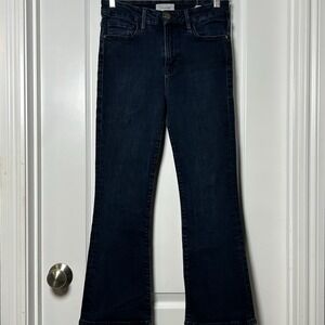 Frame Denim Mid Rise Dark Wash Blue Flare Jeans Quiet Luxury Chic 70s Boho Style